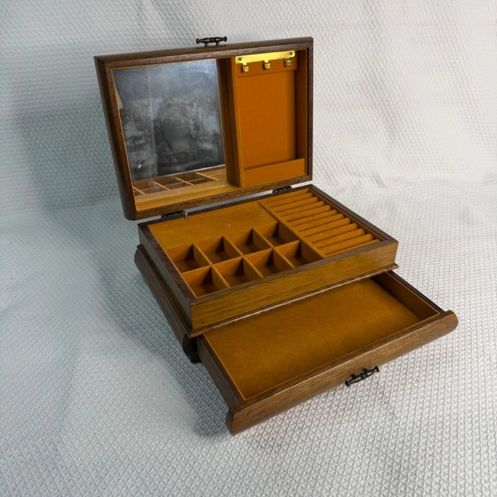 London Leather VTG Wooden Musical Jewelry Box Mirror Drawer Mid-Century WORKS